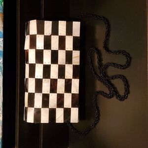 Mad by design evening bag. Black and white horn and spun silk. Beaded strap